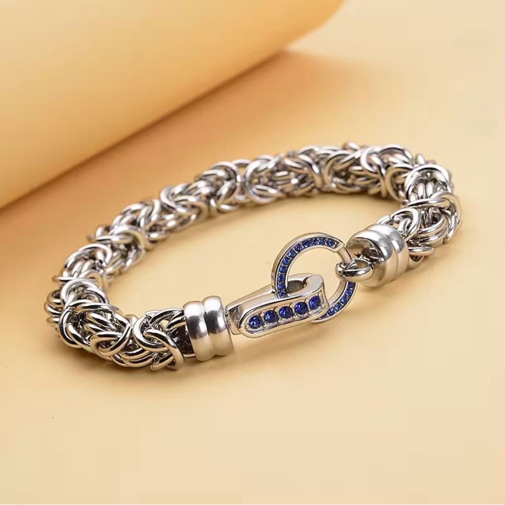 $80 Retail Blue Austrian Crystal Byzantine Link Bracelet in Stainless Steel